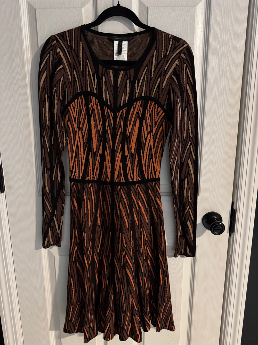 Long-Sleeve Patterned Fit-and-Flare Sweater Dress in Brown and Orange Never Worn